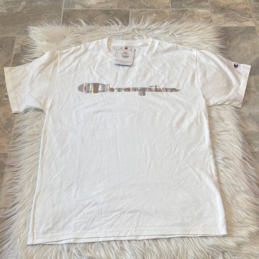 NWT Champion Men’s Short Sleeve White Shirt With Silver Logo 100% Cotton Size M